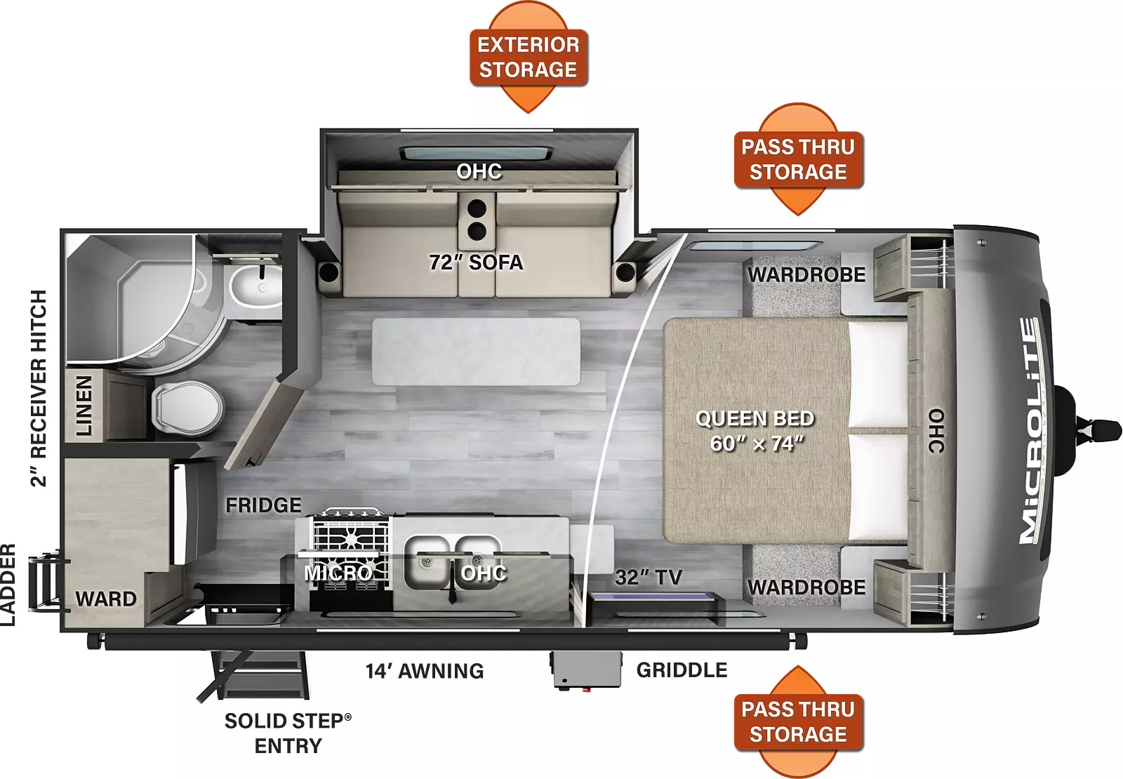 The 21FBRS has one slide out on the off-door side, along with one entry door. Exterior features include a 14 foot awning, front pass thru storage, griddle, off-door side exterior storage, rear ladder and 2 inch receiver hitch. Interior layout from front to back: front bedroom with 60 x 74 inch queen bed, overhead cabinets, and  wardrobes on either side; off-door side slide out containing a 72 inch sofa with table and overhead cabinets; kitchen living area with a double sink, stove, microwave, overhead cabinets and TV; half bathroom, refrigerator, and wardrobe in the rear. 